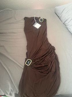 Naked Dark Chocolate Sleeveless Jewel Maxi Dress XS – Ruched Draped Gold Detail