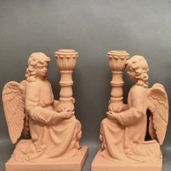 Vintage Pair Of Amazing MCM Italian Handmade Red Clay Pottery 11” Angel Dove Candle Stick Holder 