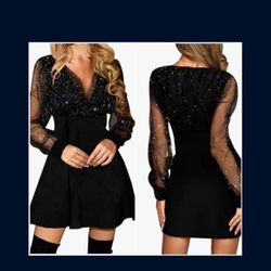 Women's Long Sleeve Lace V Neck Flare Plain Party Dress