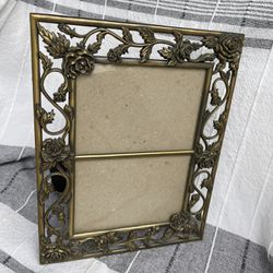 VTG Metal Standing Double Dual Picture Frame Ornate Style Gold Photo Floral 