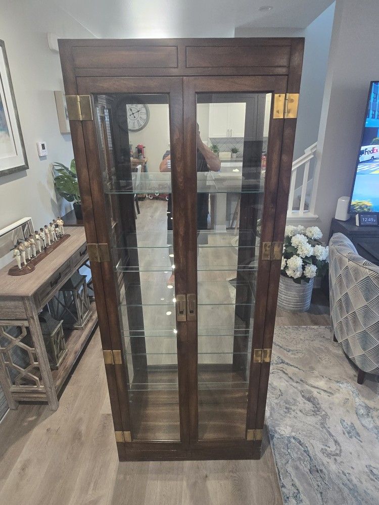 1970s Campaign Lighted Display Curio Cabinet by Philip Reinisch Company #504
