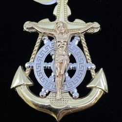 $900 Three Tone Gold Crucifix Cross Anchor Religious Charm Pendant 