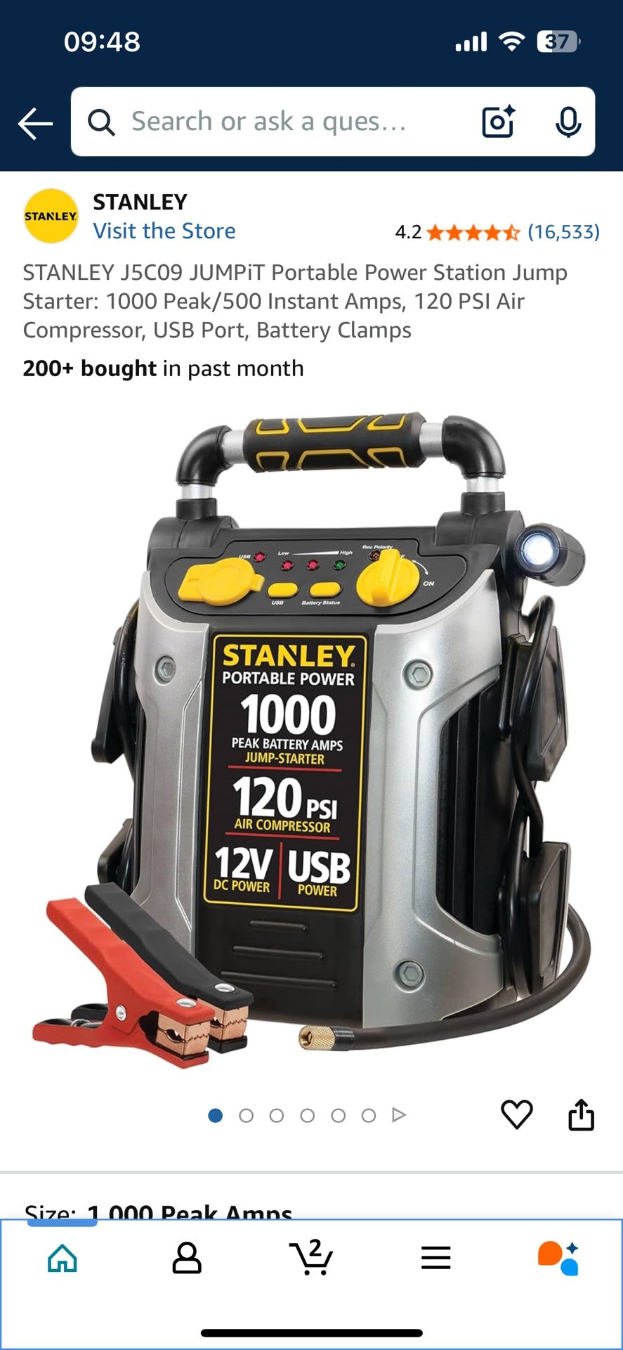 STANLEY J5C09 JUMPiT Portable Power Station Jump Starter: 1000 Peak/500 Instant Amps, 120 PSI Air Compressor, USB Port, Battery Clamps