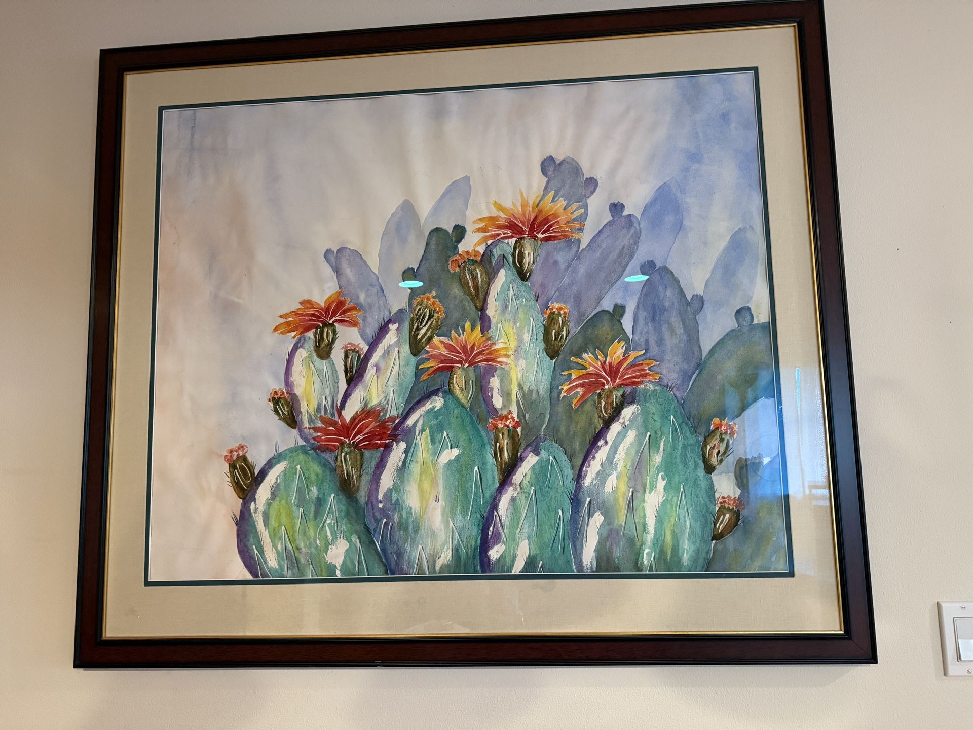 One of a kind hand painted watercolor of colorful blooming prickly pear cactus 🌵