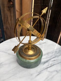 Vintage Brass Armillary Sphere Sundial Sculpture On Solid Green Marble Base