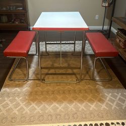 Vintage Porcelain Enamel table with fold in benches