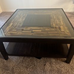 Modern Glass Top Coffee Table with Wood Inlay Design