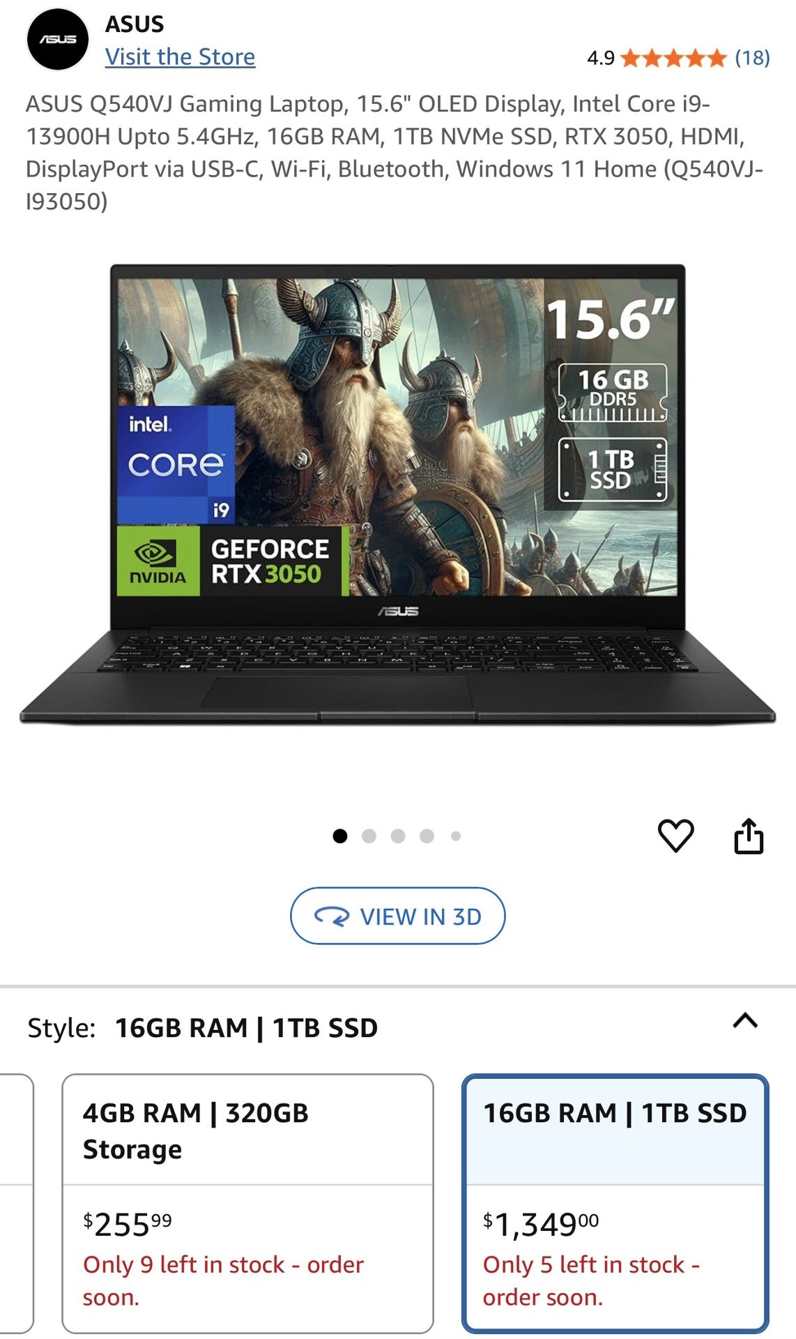 ASUS - 15.6" OLED Laptop - Intel Core i9-13900H - NVIDIA RTX3050 6GB with 16GB Memory - 1TB SSD - Black