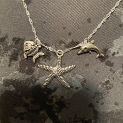 925 Sterling Silver Star Fish, Fish & Dolphin Charm Necklace 