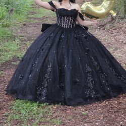Custom Black Quince Dress with Bow & VeMee Full 6 Hoop Skirt Floor Length Crinoline Underskirt Wedding Dress Petticoat