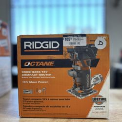  (New) RIDGID 18V OCTANE Brushless Cordless Compact Fixed Base Router with 1/4 in. Bit, Round and Square Bases and Collet Wrench