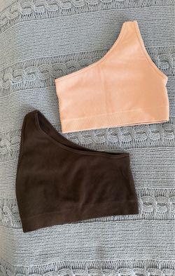 2-Pack Ribbed One-Shoulder Crop Tops – Brown & Peach XS