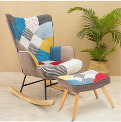 Rocking Chair with Ottoman,Mid Century Fabric Glider Chair,Lazy Recliner Chair with Wood Legs and High Back for Nursery Living Room Bedroom (Colorful)