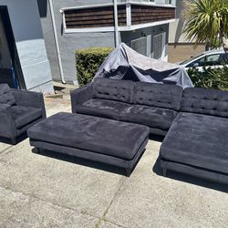 Black Velvet Sectional Set with Ottoman and Chair-FREE Delivery
