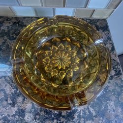 Vtg Ashtray Amber Cut Glass MCM Mid Century Sunburst Heavy 6" Cigar Cigarette