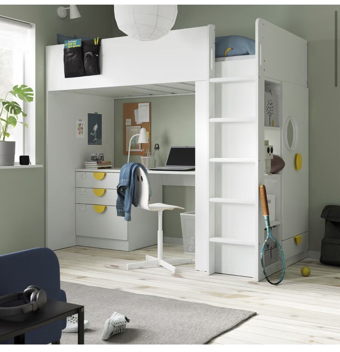 Loft Bed, White/ White Desk With Drawers, Twin