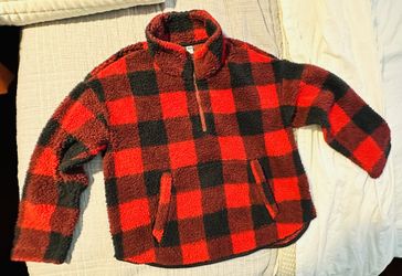 Old, navy, red and black Buffalo Plaid Half Zip Sherpa With Pockets