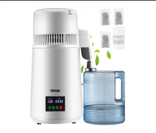 VEVOR 1.1Gal Water Distiller, 0.3Gal/H, 750W Distilled Water Maker Machine 0-99H Timing Set Temp Display, 304 Stainless Steel Countertop Distiller Pla