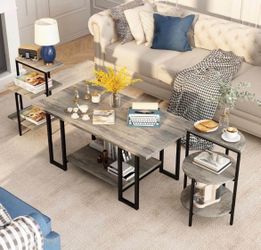 , Coffee Table & 2 Side Table, Metal Frame, 3 PieceTable Sets, for Living Room Apartment, Grey