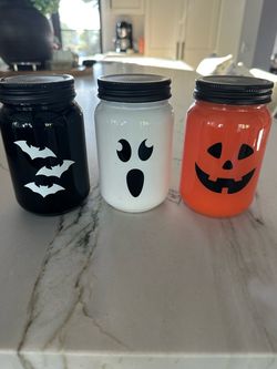 3 Halloween Decorated Candle Mason Jars Set of 3