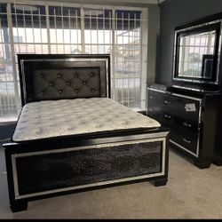 Allura Black LED Upholstered Panel Bedroom Set ( Queen, king, twin, full bedroom set - bed frame- tall dresser, nightstand and chest, mattress options
