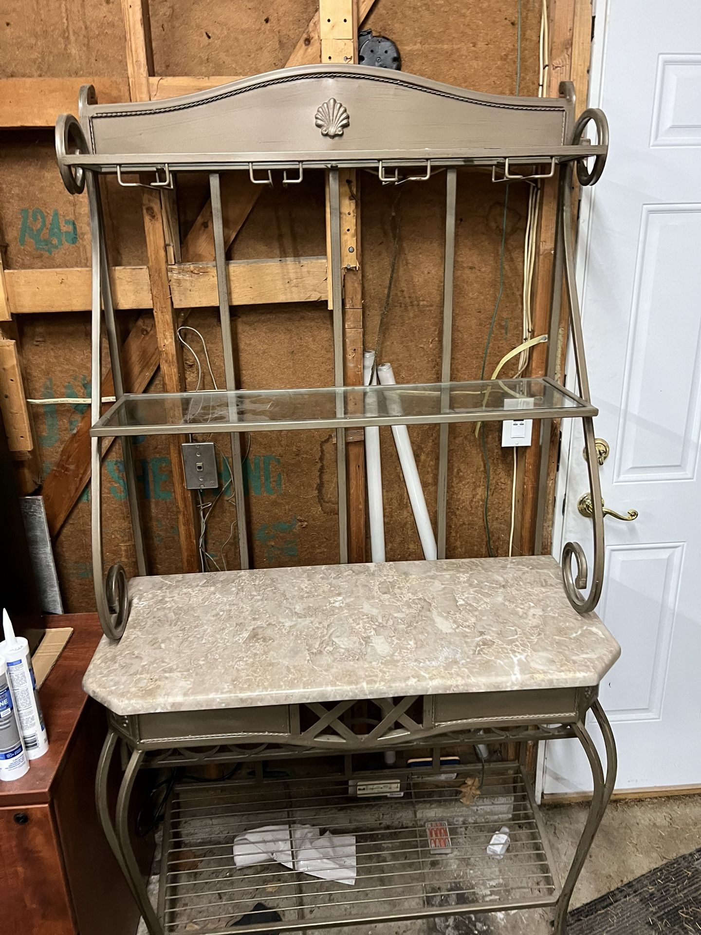 Vintage Shelf Stand Desk With Stone Table Surface And Glass Shelves