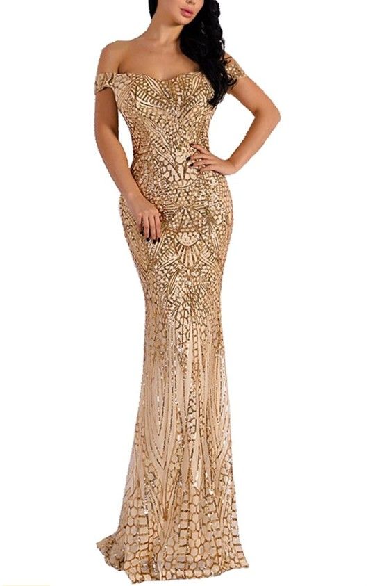 WRStore Women's Off Shoulder Sequined Evening Party Maxi Dress for Prom (Size XS)