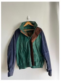 Vintage OVERLAND  Silverado Suede Leather Bomber Jacket Mens Large Green Blue Brown Colorblock
