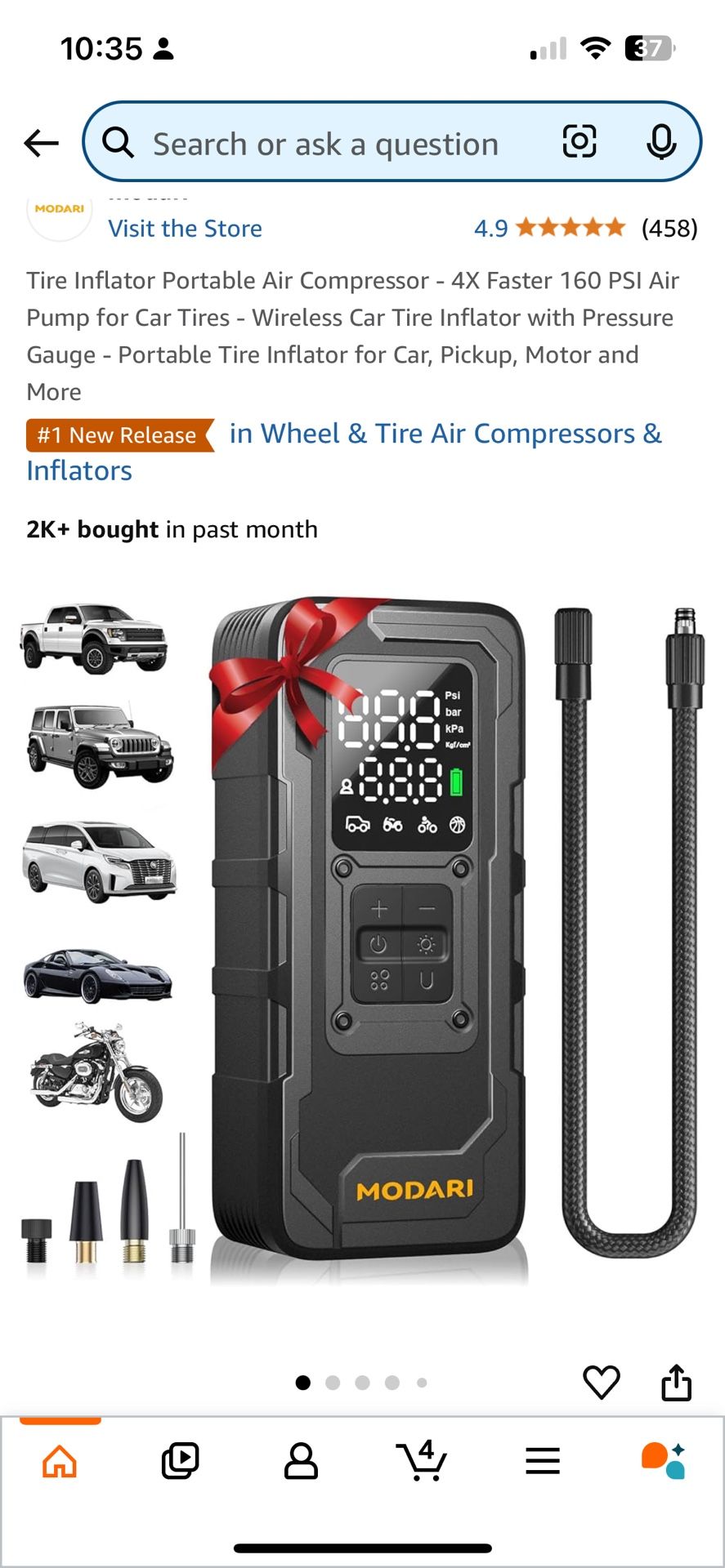 Tire Inflator Portable Air Compressor - 4X Faster 160 PSI Air Pump for Car Tires