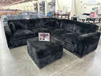 BLACK 99x99 FUR LIKE CORDUROY SECTIONAL WITH OTTOMAN