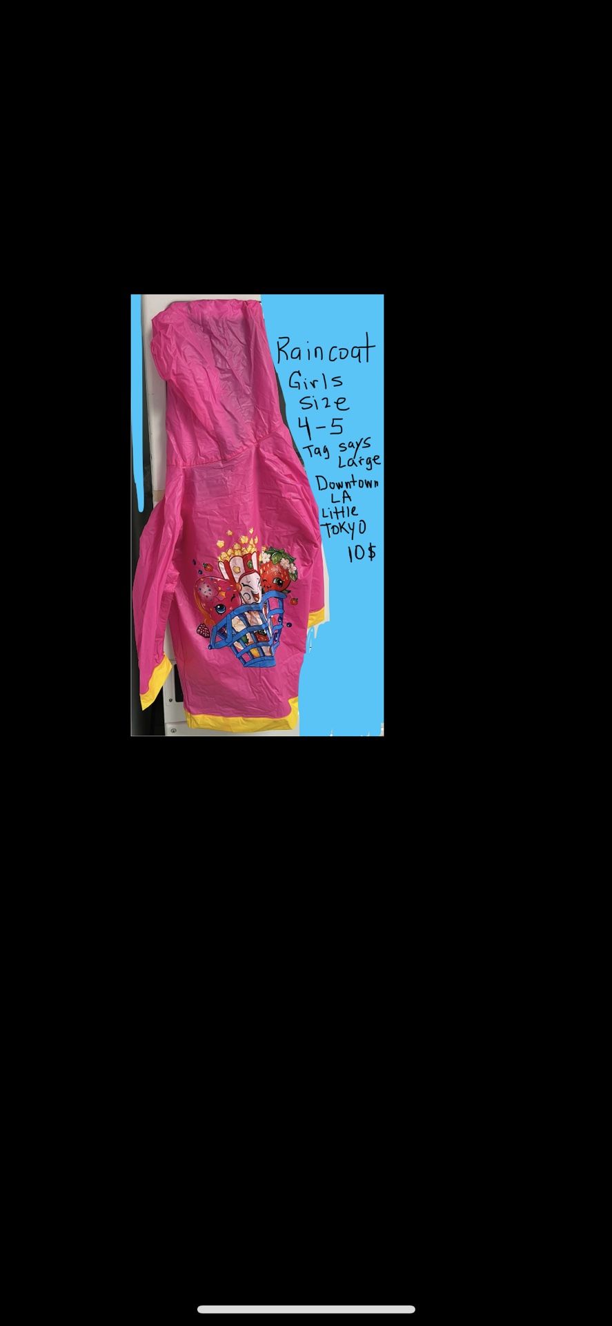 Little Girls Size Large Shopkins Raincoat Made Of Thick Vinyl / Plastic I Believe This Fits a four or five year-old this is super cute. $10.