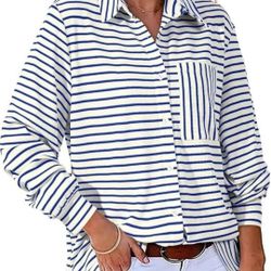 NEW! Women's Oversized Long Sleeve Shirt Button Up Striped Collared Front Pocket Top, Size MEDIUM