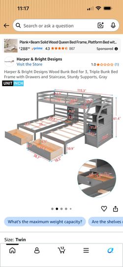 Triple bunk bed set three twins steps have storage $165 delivery available mattress included