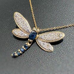Jewelry 10k Solid Yellow Gold Blue Spinel Natural 0.50CTW Diamond Dragonfly Pendant Charm