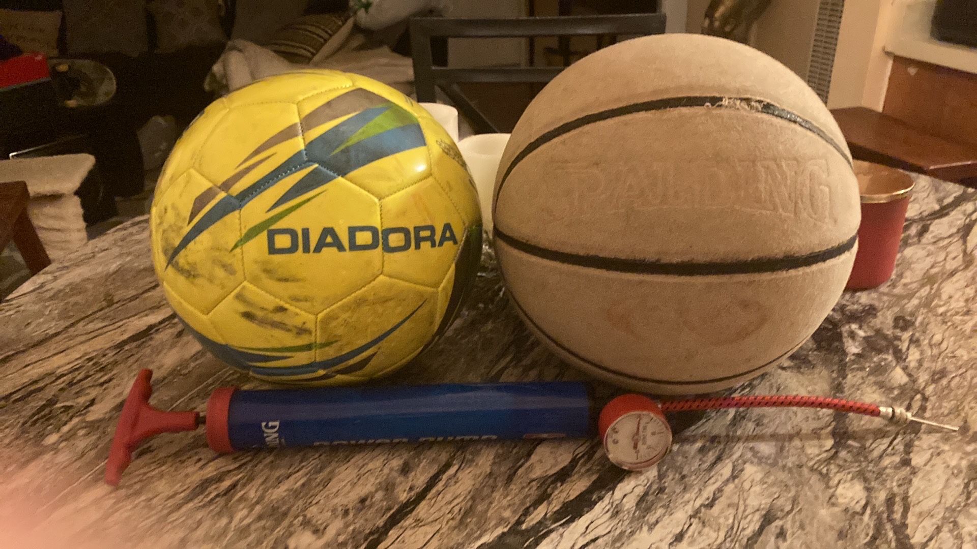 Spalding basket ball diadora soccer ball and power pump