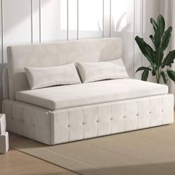 Queen Size Pull Out Sofa Bed, Convertible Sleeper Sofa with Pull Out Bed, Velvet Loveseat Couch Bed with Two Pillows for Living Room/Apartment, Light 