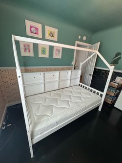 Twin White Kids House Bed Frame & Mattress with Storage Shelves