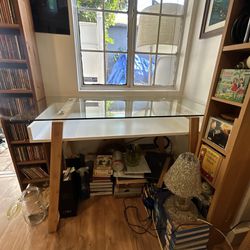 Glass Desk, Small Desk - 43 Inch, Modern Computer Desk for Small Spaces, Living Room, Office and Bed