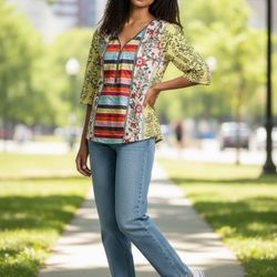 Emery Rose Striped & Floral Patchwork V‑Neck Zip Up Blouse in Multicolor
