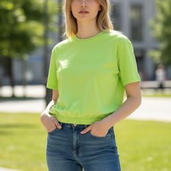 DKNY Sport Women's Green Short Sleeve Elastic Hem Logo T-Shirt M 170/92A