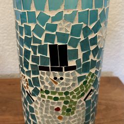 Mosaic Snowman Pillar Candle Holder 9”H