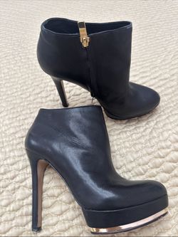 Vince Camuto 6B/36 Dira Black Leather Platform Stiletto Ankle Booties Gold Trim