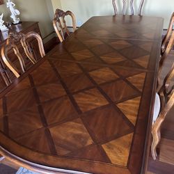 120" × 44" Ethan Allen Dining Table and 6 Chairs Set with 2 leaves