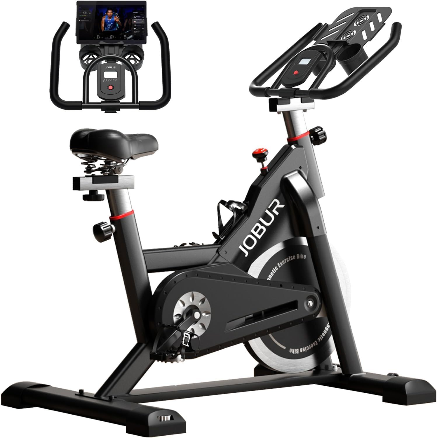 Exercise Bike JOBUR stationary Bike Silent Transmission Workout Bike 300 lbs load-bearing Magnetic Resistance Pro Indoor Cycling Bike with Tablet Comp
