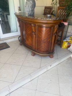 Ornate Wood Bar Cabinet with Marble Top