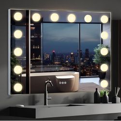 32x40 inch LED Hollywood Vanity Mirror, Wall Mounted Lighted Bathroom Mirror, Large Makeup Mirror with 14 Dimmable LED Bulbs, Anti-Fog,3 Colors, Dimma