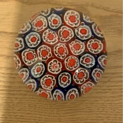 Millefiori Glass Paperweight red white and blue 2“ X 3“ B30