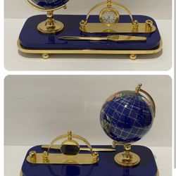 Beautiful Onbekend Desk Set Lapis Lazuli Globe Clock Letter Opener Pen Set

