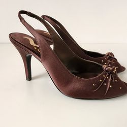 Dark Brown Satin High Heels with Golden Yellow Rhinestones Peep Toe Heels Shoes 6M

