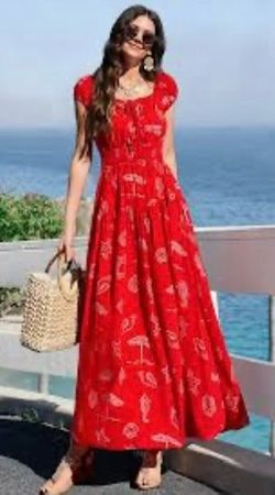 NWOT PRETTY GARDEN Sz M Smocked Waist Red Tiered Maxi Dress with Cap Sleeves